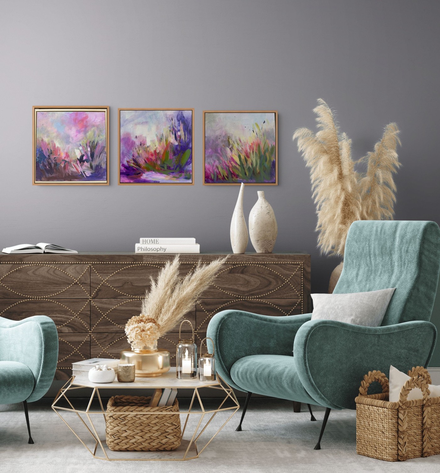 Original paintings by Colleen Martin styled in a soft blue interior
